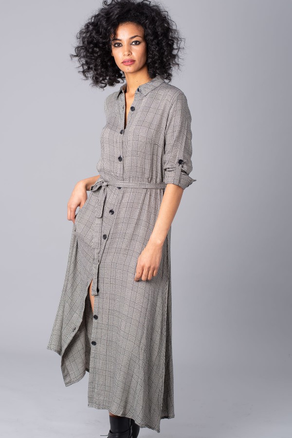 Gri Önü Bağlamalı Kuşaklı Elbise